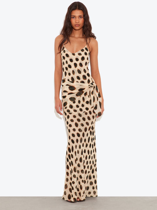 Clara | Vestido Maxi de Viscosa con Estampado de Lunares Animal Print, Marrón