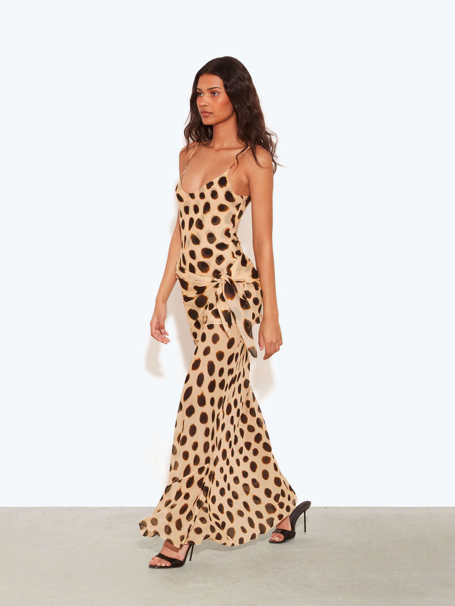 Clara | Vestido Maxi de Viscosa con Estampado de Lunares Animal Print, Marrón