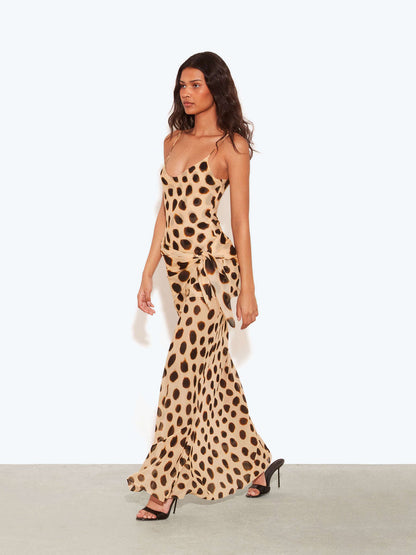 Clara | Vestido Maxi de Viscosa con Estampado de Lunares Animal Print, Marrón