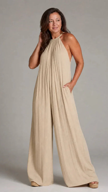 Sylvara | Mono Elegante de Pierna Ancha y Cuello Halter