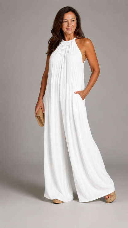Sylvara | Mono Elegante de Pierna Ancha y Cuello Halter